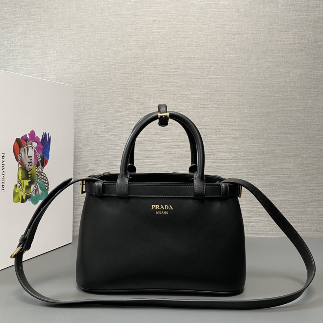 Prada Small Buckle Leather Handbag Shoulder Bag With Double Belt Black 1BA418